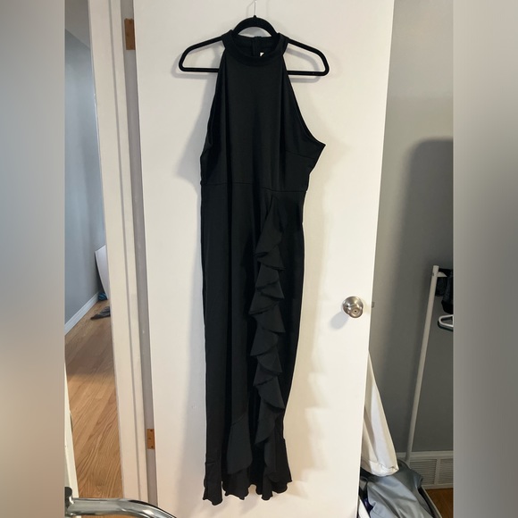 Women's High Neck Halter Long Dress Fashion Ruffle Trim Sleeveless Gown Black - Picture 3 of 4